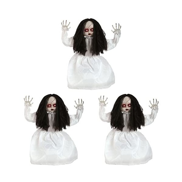 Animatronic Lot de 3 grandes poupées en robe blanche pour décoration dHalloween - Yeux rouges et effets sonores - Jumps and 