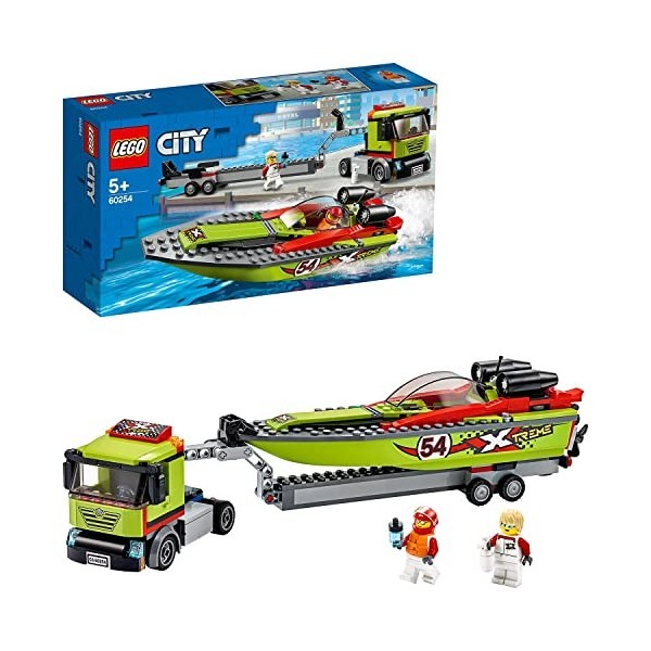 LEGO 60254 City Super véhicules Le Transport du Bateau de Course Camion à remorque et Bateau de Course, Jouet de Bain Flottan