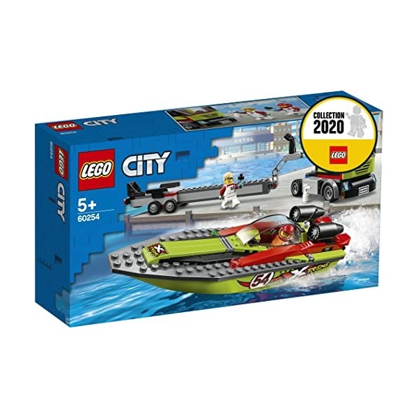 LEGO 60254 City Super véhicules Le Transport du Bateau de Course Camion à remorque et Bateau de Course, Jouet de Bain Flottan