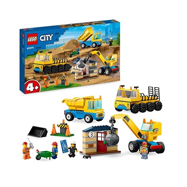 LEGO 60391 City Les Camions de Chantier et la Grue à Boule de Démolition, Jouet de Construction avec Pelleteuse, Benne et Eng