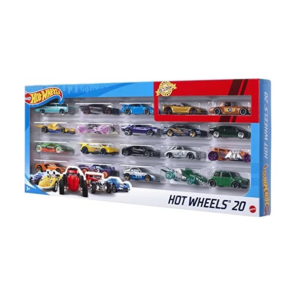 Hot Wheels Coffret 20 véhicules, jouet pour enfant de petites voitures miniatures, modèle aléatoire, H7045
