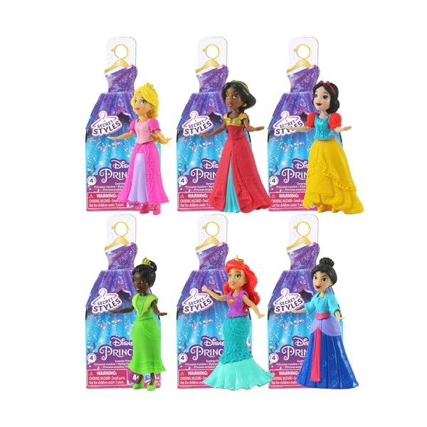 Disney Princess Secret Styles Ensembles de poupées articulées 9 cm 8,9 cm – Série 4 Tous 6 – Raiponce, Tiana, Blanche-Neige, 