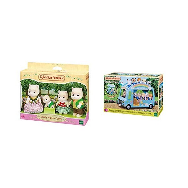 SYLVANIAN FAMILIES-La Famille alpaga Poupées et Accessoires, 5358, coloré & Le Bus Arc-en-Ciel Animaux Mini-Univers, 5317, Mu