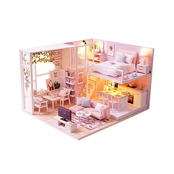 Flever Maison de poupée miniature DIY Kit créatif avec loft Scène dappartement pour art romantique Cadeau vie tranquille 