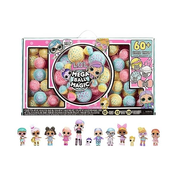 LOL Surprise Mega Ball Magic - 12 Poupées à Collectionner, de 60 Surprises, 4 Expériences de Déballage - Combiner et Assortir