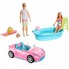 Barbie et Ken coffret voiture décapotable, piscine avec toboggan, 2 poupées en maillot de bain, tenues et accessoires inclus,