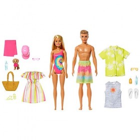Barbie et Ken coffret voiture décapotable, piscine avec toboggan, 2 poupées en maillot de bain, tenues et accessoires inclus,