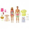 Barbie et Ken coffret voiture décapotable, piscine avec toboggan, 2 poupées en maillot de bain, tenues et accessoires inclus,