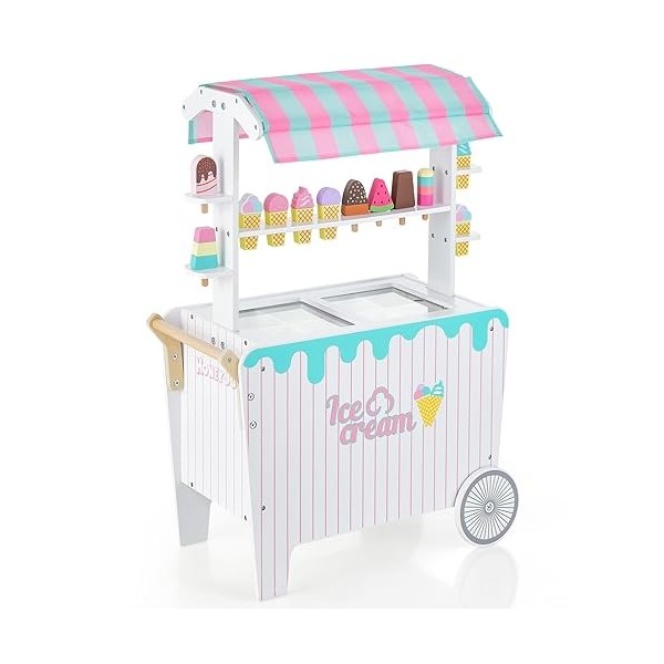 COSTWAY Chariot à Crème Glacée en Bois Enfants avec Auvent Unique, Jouet Chariot à Glaces avec 12 Accessoires, Motif Mignon, 