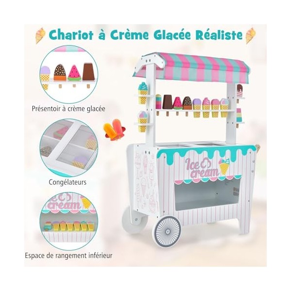 COSTWAY Chariot à Crème Glacée en Bois Enfants avec Auvent Unique, Jouet Chariot à Glaces avec 12 Accessoires, Motif Mignon, 