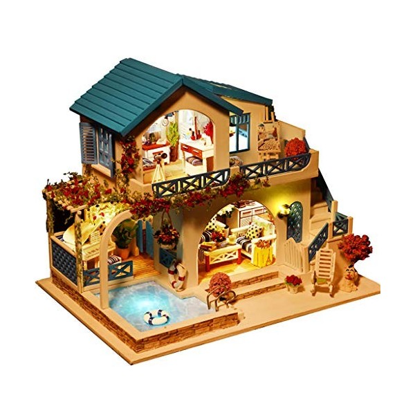IV2 Puzzles 3D Kit Bricolage Maison Poupée Miniature en Bois Maisons de Poupées en Bord de Mer Meubles Miniatures/Lumière LED