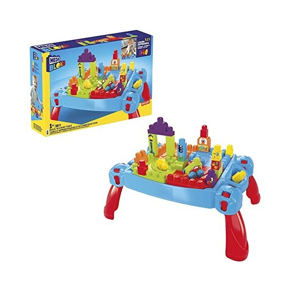 MEGA Bloks La Table dApprentissage rose avec blocs de construction et 2 véhicules, 30 pièces, jouet pour bébé et enfant de 1