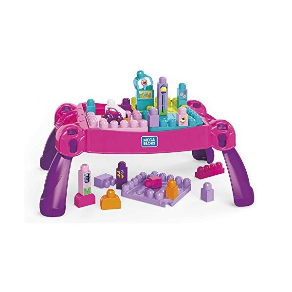 MEGA Bloks La Table dApprentissage rose avec blocs de construction et 2 véhicules, 30 pièces, jouet pour bébé et enfant de 1