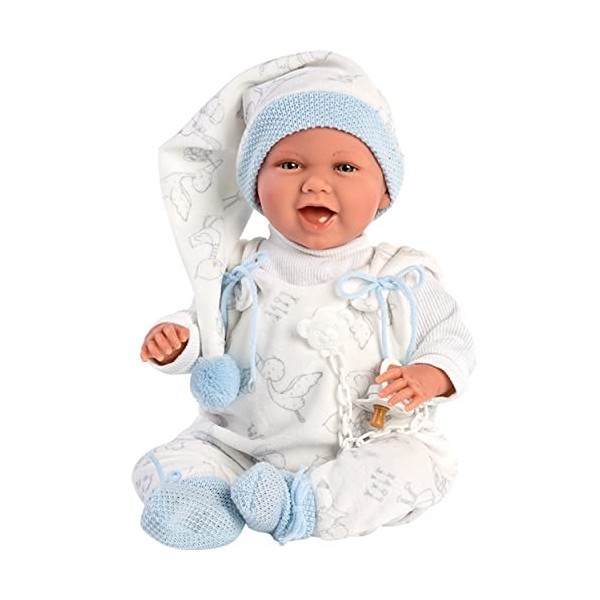 Llorens 1074005 Poupée de bébé avec Yeux et Corps Doux et Tenue Bleue avec Bonnet à Pointe, tétine, Attache-tétine et Berceau