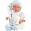 Llorens 1074005 Poupée de bébé avec Yeux et Corps Doux et Tenue Bleue avec Bonnet à Pointe, tétine, Attache-tétine et Berceau