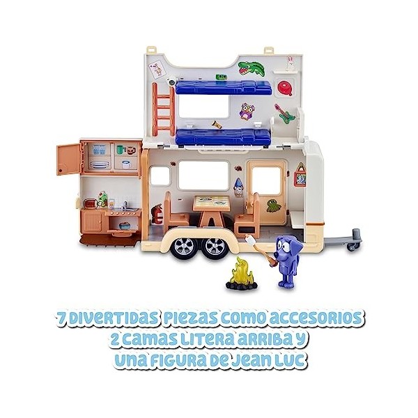Bluey - Campervan, Jouet de Caravane de Vacances, 1 Figure articulée de la Série, 6 Accessoires de Camping et Autocollants Dé