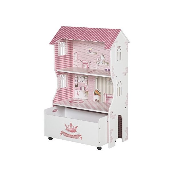 roba Maison de Poupée en Bois à 2 Étages + Compartiment de Rangement à Roulettes - pour Poupée de 32 cm - Rose/Blanc