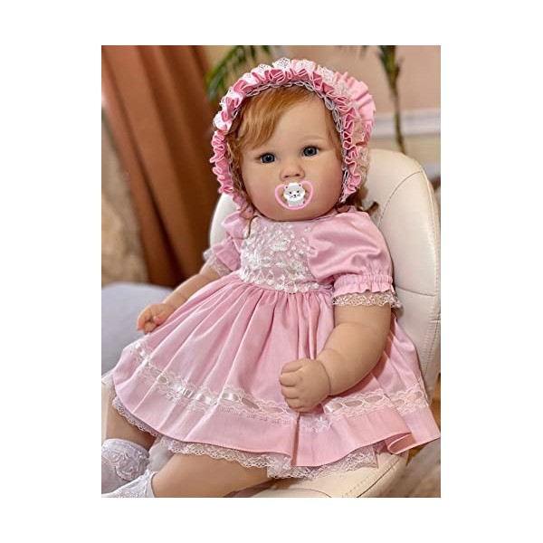 MineeQu 60CM Vrai Vie Grande Taille Peinture détaillée Cheveux bouclés enracinés Reborn Bébé Poupées Ensemble-Cadeau avec Cor