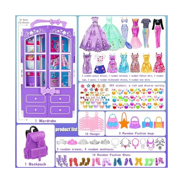 iBayda Lot de 94 vêtements et accessoires de poupée avec placard de poupée pour poupée de 29,2 cm - Kit de conception tendanc