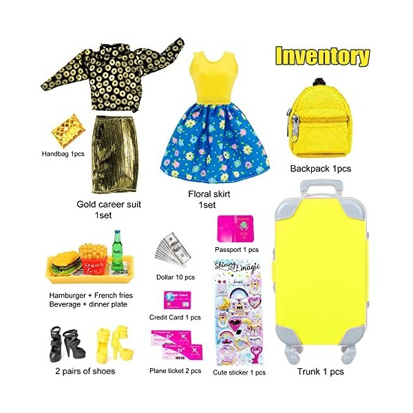 Fashionista Lot de 27 vêtements et accessoires de poupée pour fille avec valise de voyage avec sac à dos, jouets alimentaires