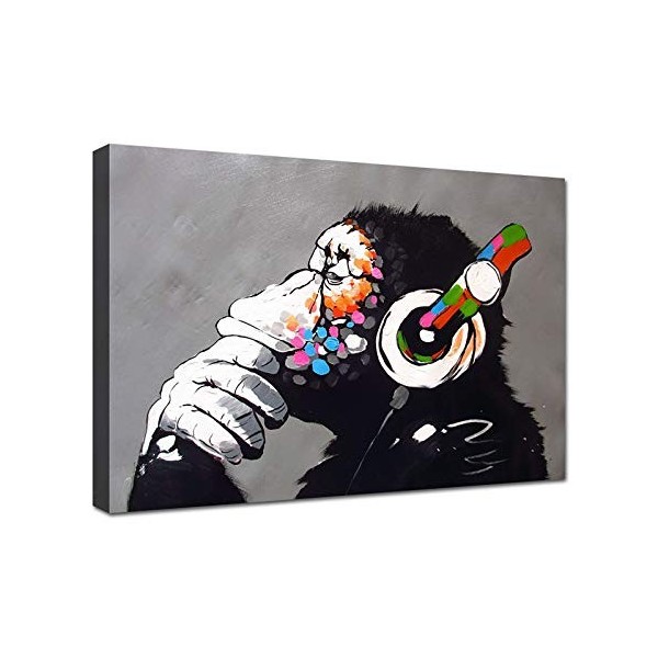 canvashop Banksy Monkey DJ Tableaux modernes de salon 50 x 35 cm Tableau sur toile impressions murales Bansky street art gori