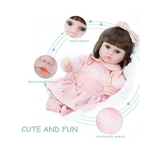 JYCCH 17 Pouces Rebirth Toddler Doll Silicone Tissu Corps Apparence Réel Nouveau-Né Bébé Fille Robe Rose Yeux Bleus Rebirth P