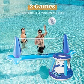 Flotteur de Piscine Gonflable pour Enfants et Adultes, Filet de Volleyball, Cerceaux de Basket-Ball et Balles Incluses, Jeu d
