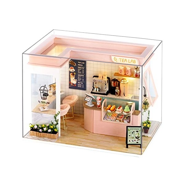 CUTEROOM Kit de meubles miniatures pour chambre de poupée avec housse anti-poussière et lumière LED et accessoires