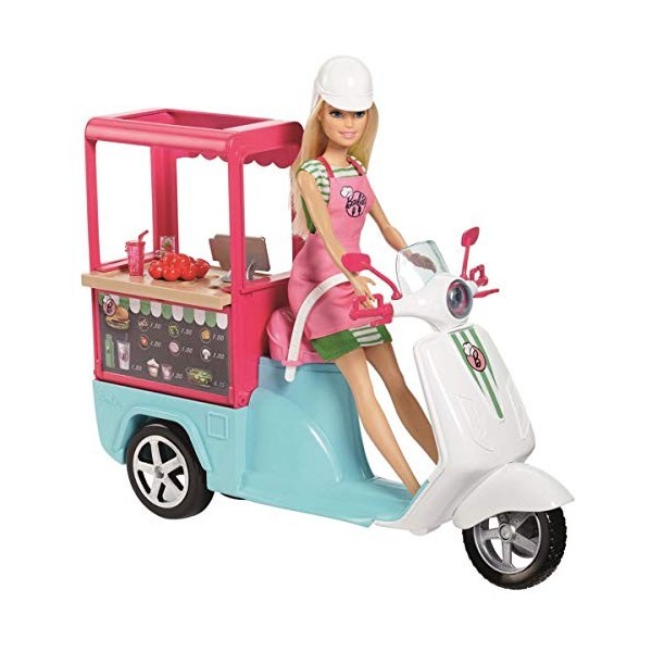 Barbie Métiers Scooter de poupée, Bistrot bleu avec comptoir intégré, accessoires de cuisine et casque blanc, jouet pour enfa