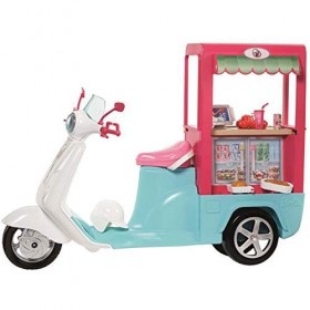 Barbie Métiers Scooter de poupée, Bistrot bleu avec comptoir intégré, accessoires de cuisine et casque blanc, jouet pour enfa