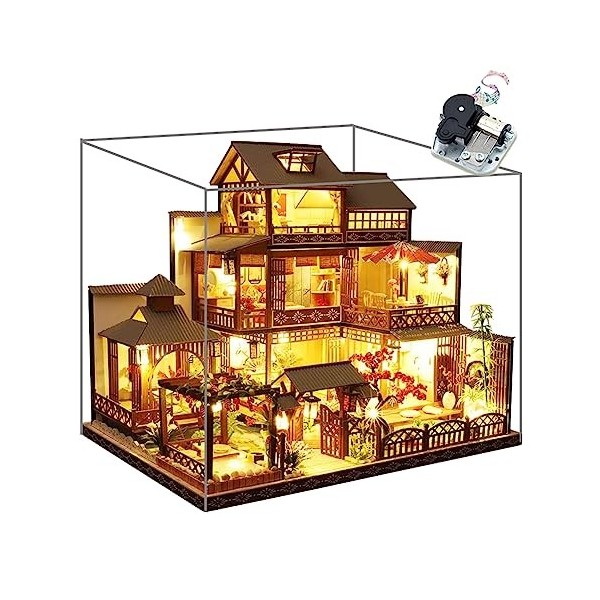 Maison de poupée miniature de style japonais rétro avec meubles, kit maison de poupée en bois bricolage avec housse anti-pous