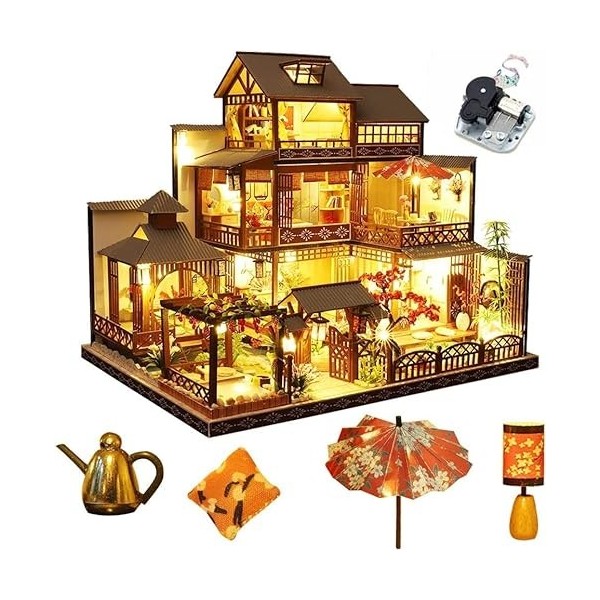 Maison de poupée miniature de style japonais rétro avec meubles, kit maison de poupée en bois bricolage avec housse anti-pous