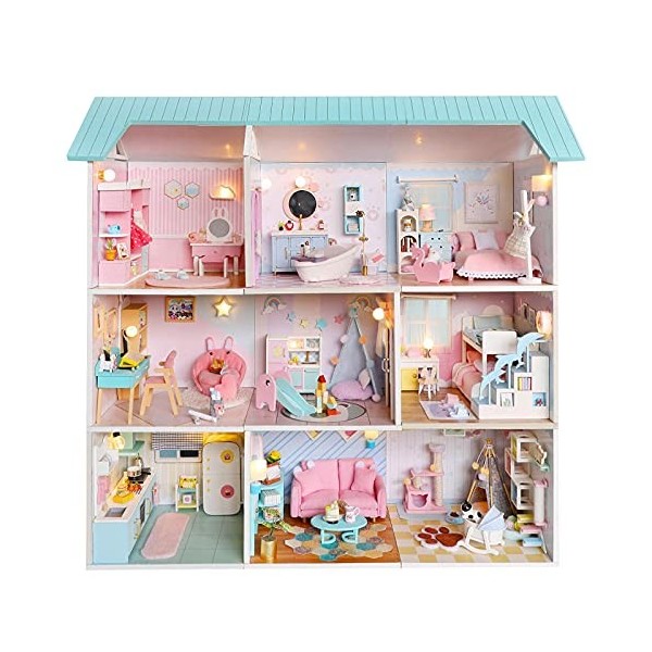 Kit de Maison de poupée Bricolage avec Meubles, modèle de Construction de Maison de poupée en Bois avec lumières LED Kit Mini