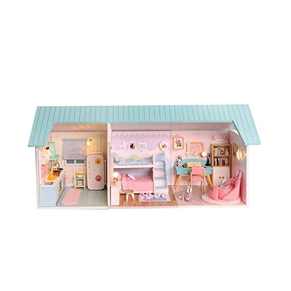 Kit de Maison de poupée Bricolage avec Meubles, modèle de Construction de Maison de poupée en Bois avec lumières LED Kit Mini