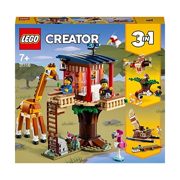 LEGO 31116 Creator 3-en-1 La Cabane dans l’Arbre du Safari, Jouet de Construction, avec Bateau, Avion et Figurines Animaux de
