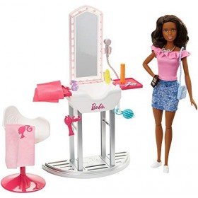 Barbie Métiers Coffret Salon de Beauté et de Coiffure avec Poupée Brune et Accessoires Inclus, Jouet pour Enfant, FJB37