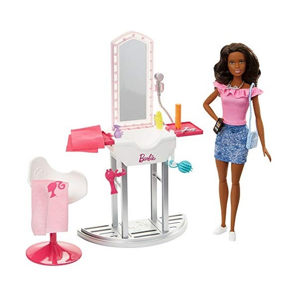 Barbie Métiers Coffret Salon de Beauté et de Coiffure avec Poupée Brune et Accessoires Inclus, Jouet pour Enfant, FJB37