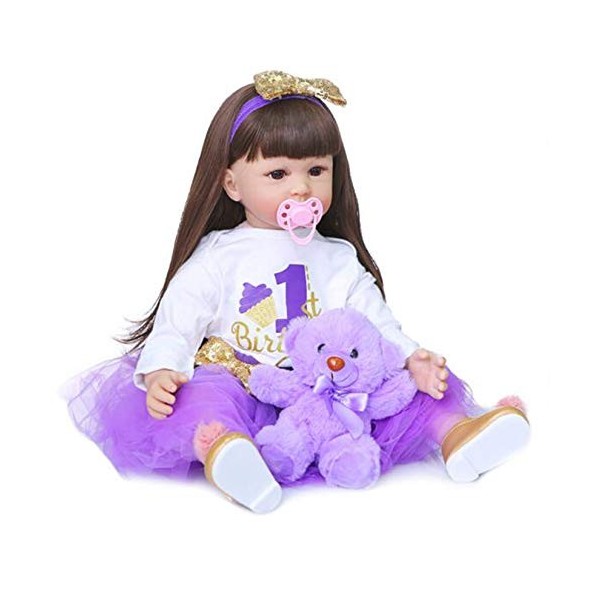 SHHYD Reborn Poupées 60Cm Réaliste Bébé Silicone Vinyle & Coton Corps Bambin Poupées Bébé Poupées avec Jupe en Tulle Violet