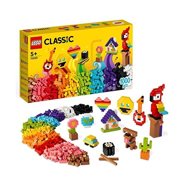 LEGO 11030 Classic Briques à Foison, Jouet Briques avec Emoji Smiley, Un Perroquet, Une Fleur et Plus, Cadeau Créatif pour En