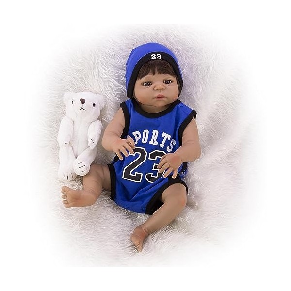 Poupée Reborn pour garçon, noir, 55 cm, réaliste en silicone souple, avec kit dalimentation, comme un vrai bébé, G-Boy