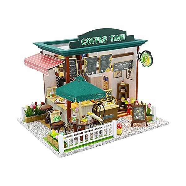 Kit De Maison De Poupée Bricolage Café Maison De Poupée Maison Miniature 3D avec Lumières LED Et Meubles en Bois Assemblage F