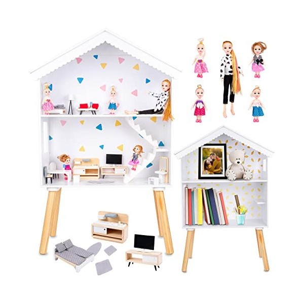 Kinderplay Grande Maison de poupée en Bois – Maison de poupée, Convient aux poupées Barbie, Comprend 22 Accessoires Plus 5 po