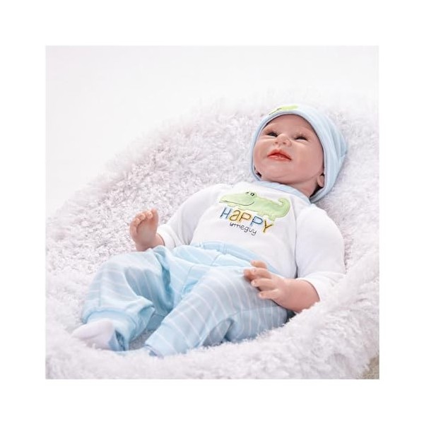 NURII Poupée Reborn Pas Cher, 22 Pouces Faites à la Main Corps en Tissu Doux Garçon aux Yeux Ouvert, en Vinyle Bébé Reborn Ré