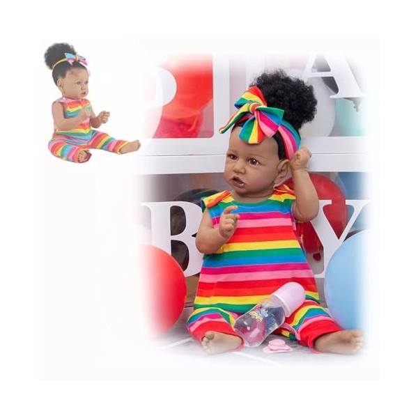 NURII Bebe Reborn - 22Pouces Lifelike Doux Sourire enraciné Cheveux bouclés Silicone Vinyle Corps Complet Reborn bébé poupée 