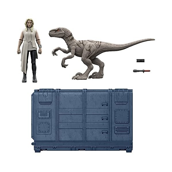 Jurassic World Coffret Cage et Dinosaure en Furie 9,5 cm avec 1 figurine exclusive Soyona, 1 figurine Atrociraptor et unité