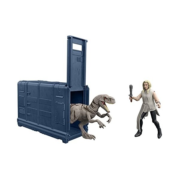 Jurassic World Coffret Cage et Dinosaure en Furie 9,5 cm avec 1 figurine exclusive Soyona, 1 figurine Atrociraptor et unité