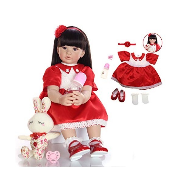 24 Pouces 60 Cm Yeux Bruns Et Cheveux Longs Poupée Reborn Princesse Fille Poupée, Corps en Coton De Silicone De Vinyle Souple