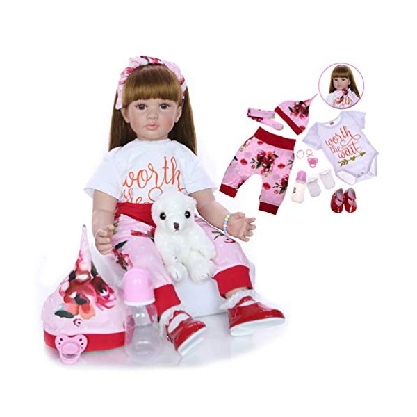 24 Pouces 60 Cm Yeux Bruns Et Cheveux Longs Poupée Reborn Princesse Fille Poupée, Corps en Coton De Silicone De Vinyle Souple