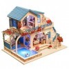 Maison de poupée en Bois de Bricolage élégant, Mini Bricolage Bleu Villa Blanche Maison de poupée Jouet Kit avec Cache-poussi