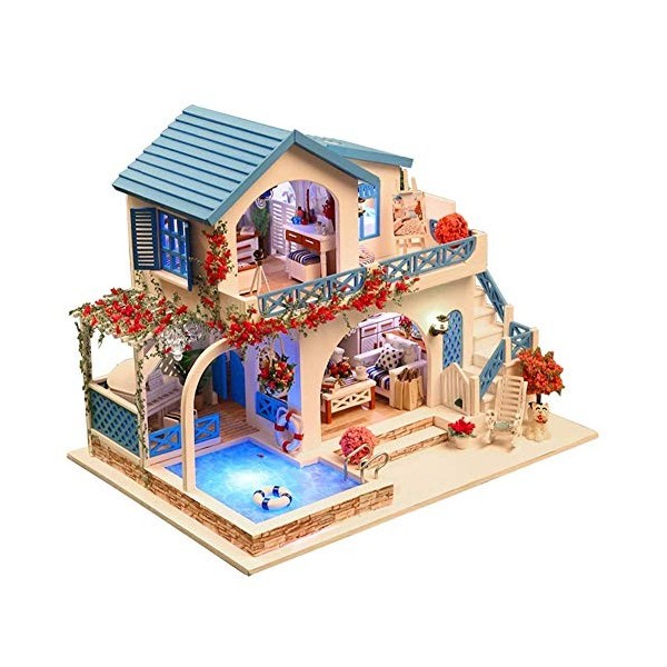 Maison de poupée en Bois de Bricolage élégant, Mini Bricolage Bleu Villa Blanche Maison de poupée Jouet Kit avec Cache-poussi